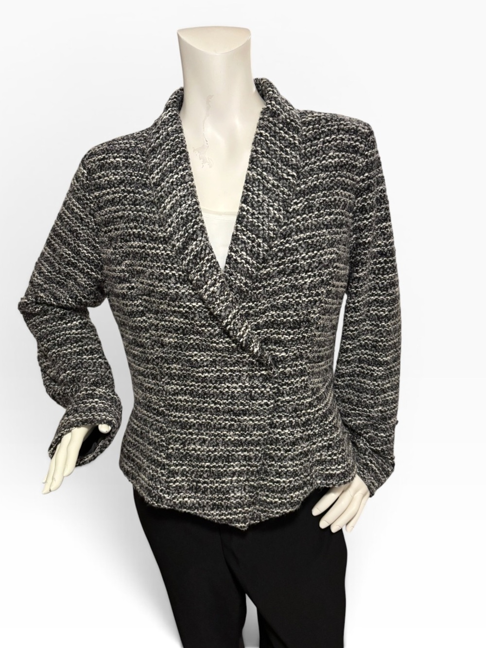 Vintage Pendleton Boucle Tweed Wrap Jacket w/ Black, Gray Shawl Collar Knit, 12